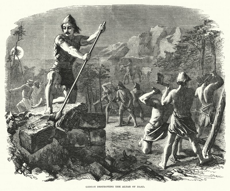 Gideon förstör Baals altare (gravyr) av English School