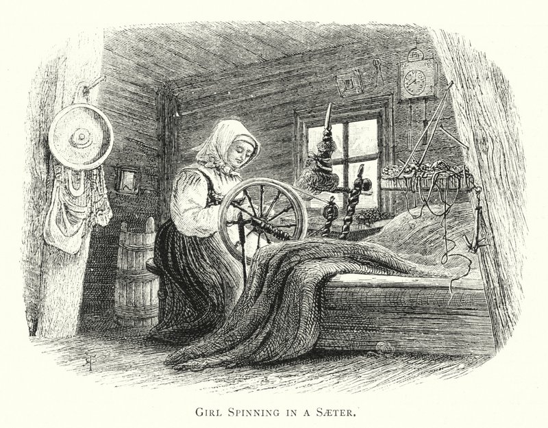 Girl Spinning in a Saeter (gravyr) av English School
