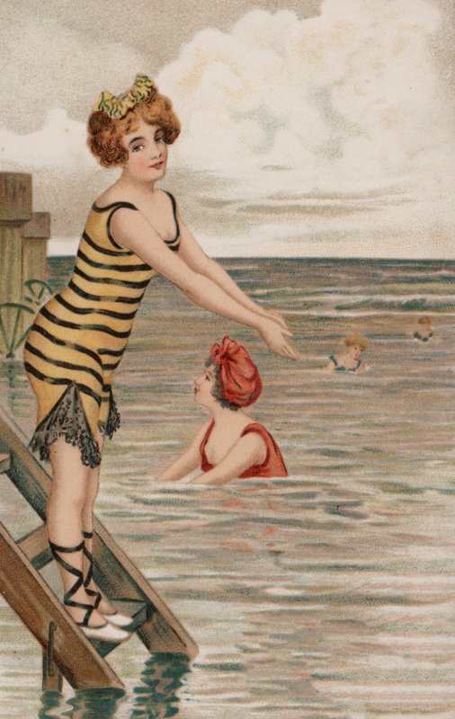 Flicka på väg att kasta sig i havet (färg litho) av English School