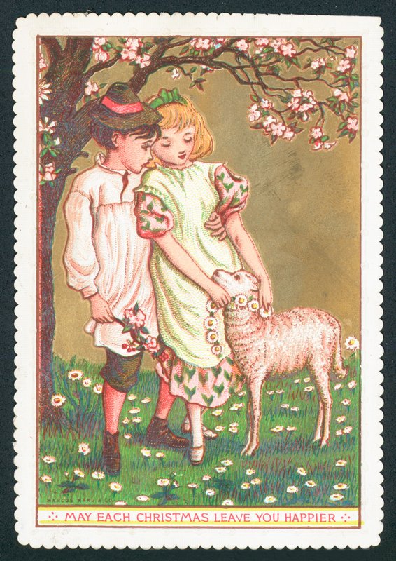 Flicka och pojke med lamm, julkort av English School