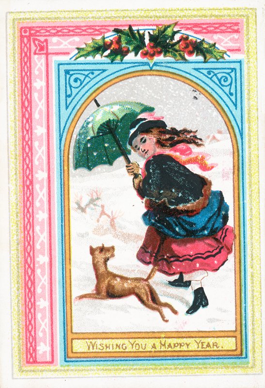Flicka och hund springer i snön, nyårskort av English School