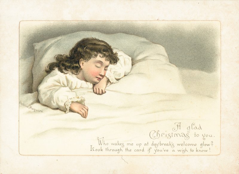 Flicka sover i sängen, julkort av English School