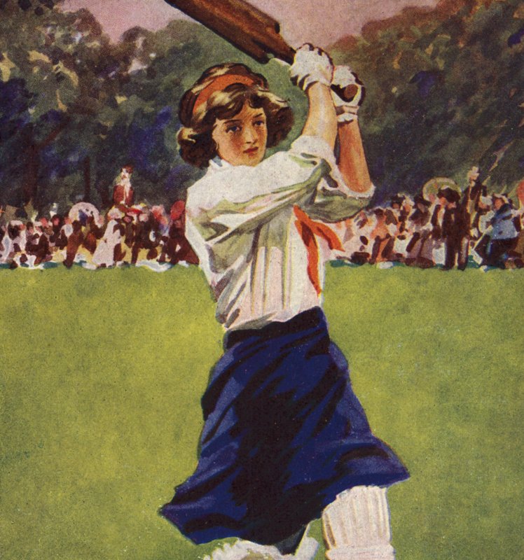 Flicka som slår i ett parti cricket (färg litho) av English School