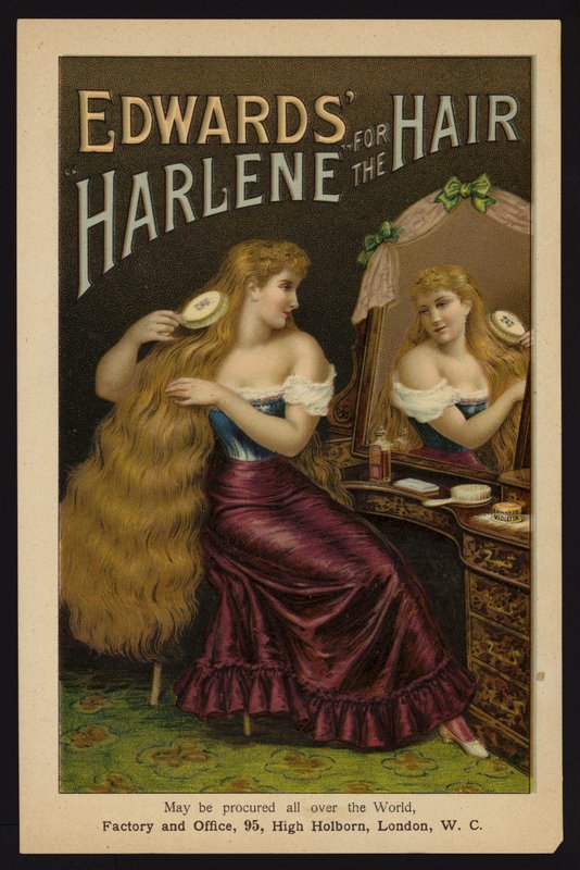 Flicka som borstar hennes långa blonda hår; Edwards Harlene for the Hair (chromolitho) av English School