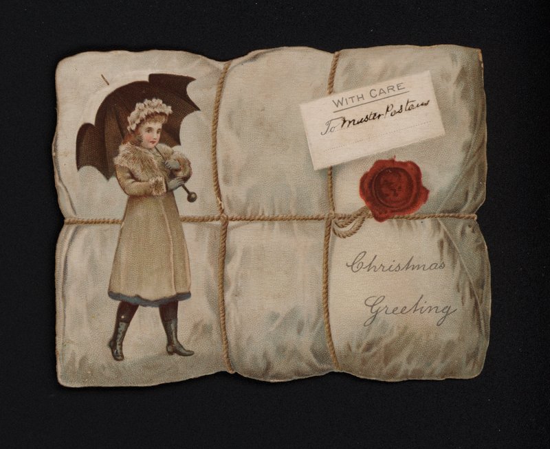 Flicka med paraply när hon slår in ett paket, julkort, slutet av 1800-talet eller början av 1900-talet (chromolitho) av English School