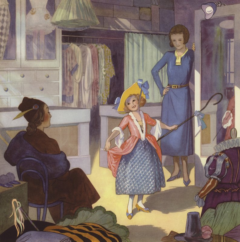 Flicka som klär ut sig till Little Bo Peep (färglitografi) av English School