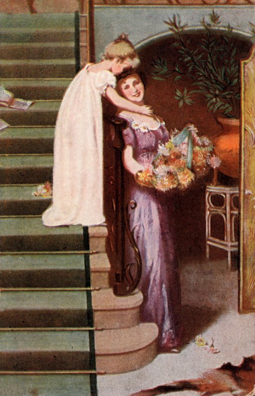 Flicka som omfamnar mamma (färg litho) av English School