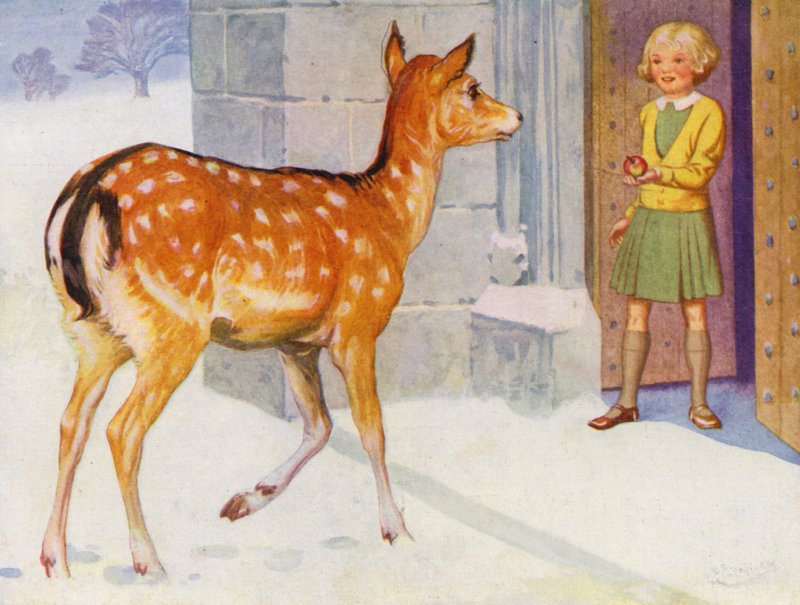 Flicka som matar ett rådjur i snön (färg litho) av English School