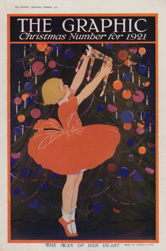 Flicka som hänger en harlekindekoration på en julgran (färg litho) av English School