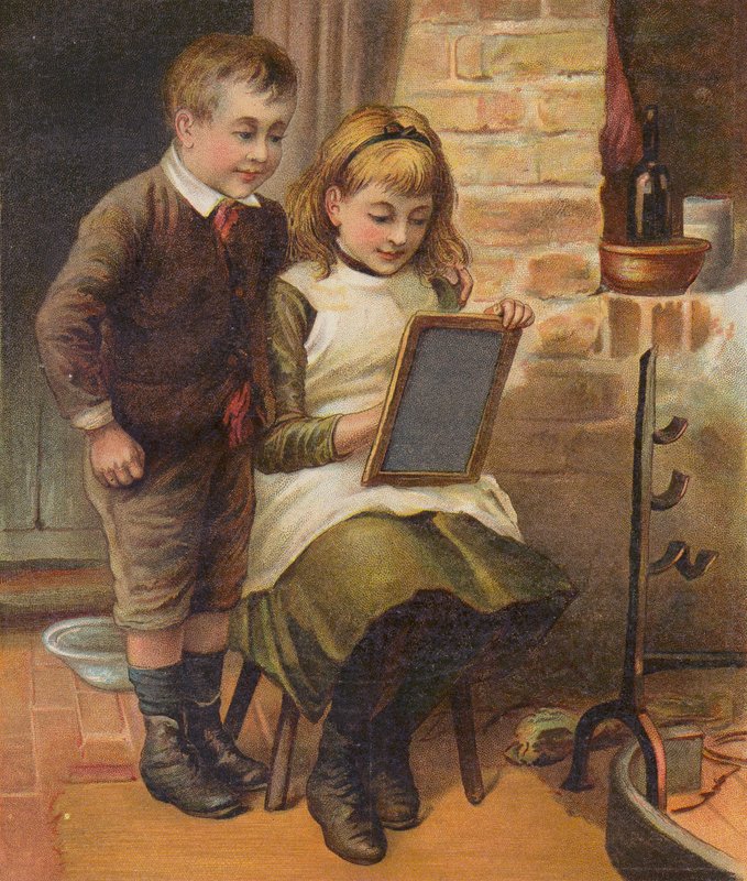 Flicka som hjälper sin bror med läxorna (chromolitho) av English School