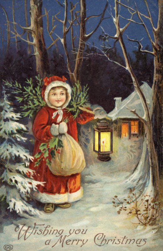 Flicka i jultomtens outfit (färg litho) av English School