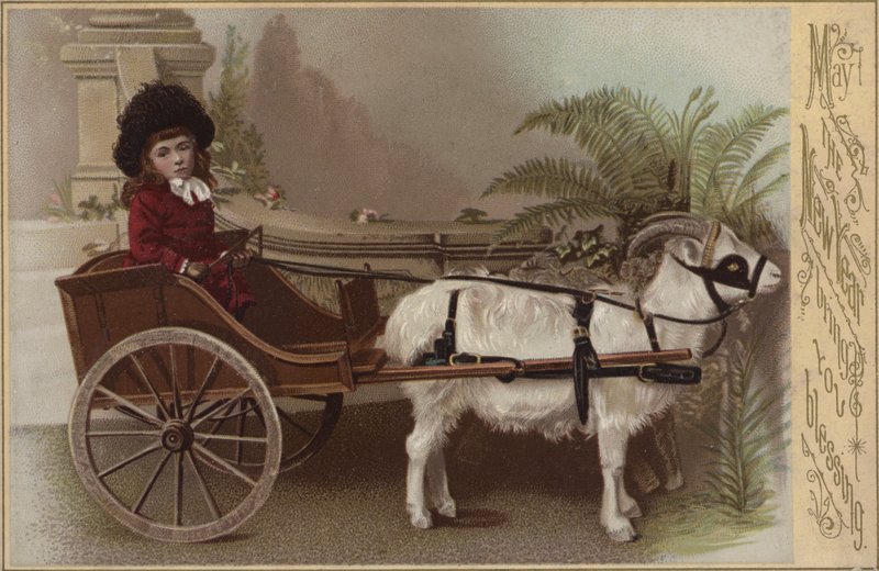Flicka i en getvagn, hälsningskort för nyår (chromolitho) av English School