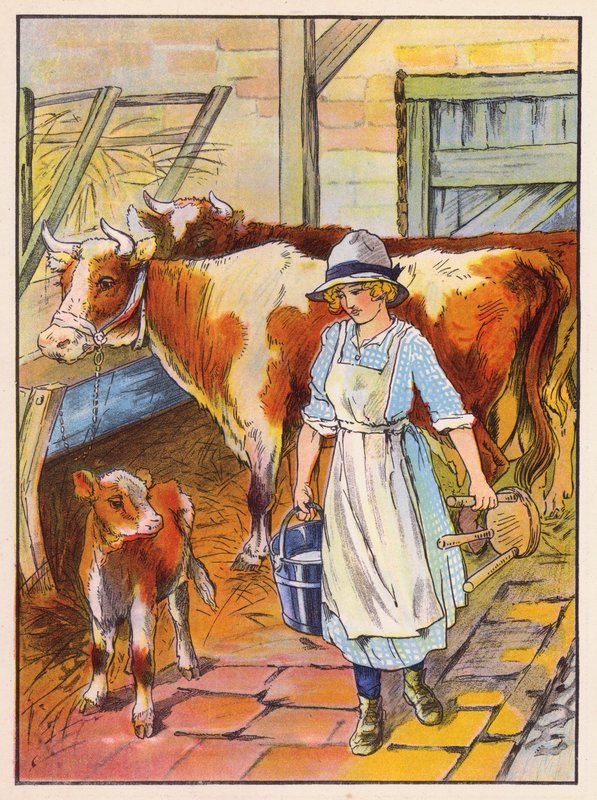 Flicka mjölkar kor (färglitografi) av English School