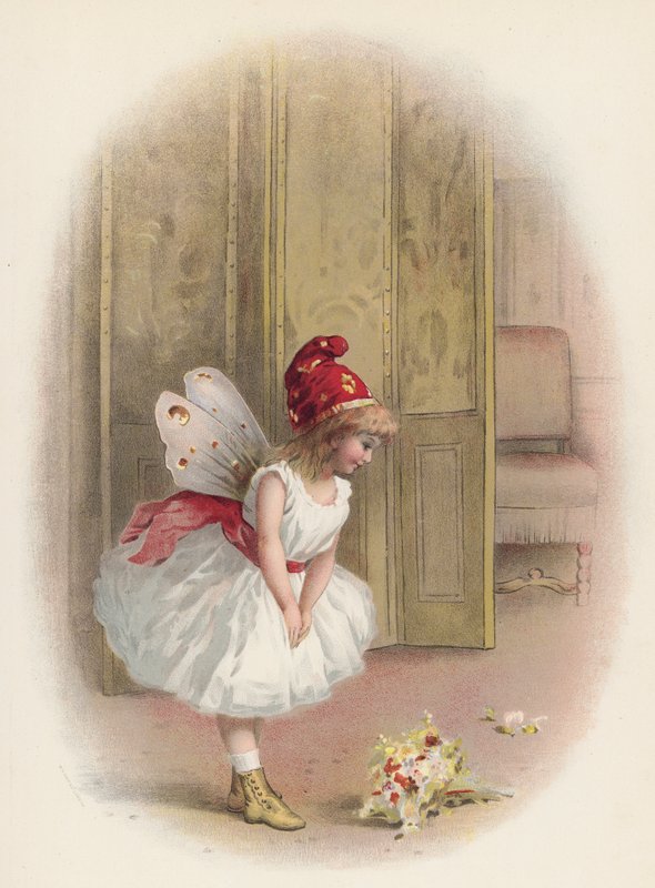 Flicka eller älva som bågar efter sitt framträdande (chromolitho) av English School