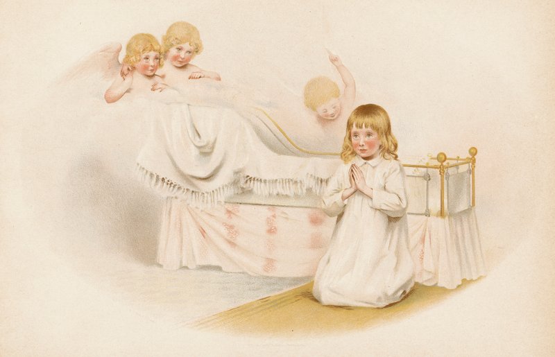 Flicka som ber vid sin säng (chromolitho) av English School