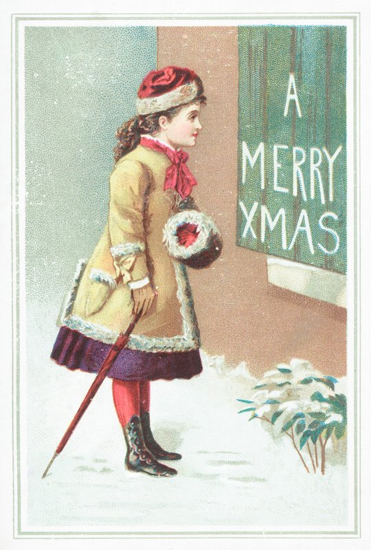 Flicka som läser jultecken, julkort av English School