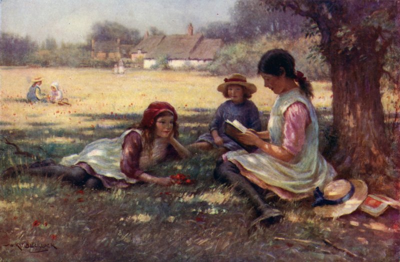 Flicka som läser en saga för andra barn (färg litho) av English School