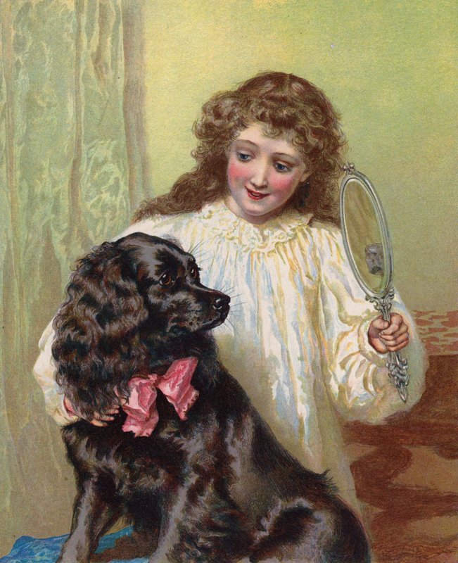Flicka som visar sin husdjurshund sin reflektion i en spegel (chromolitho) av English School