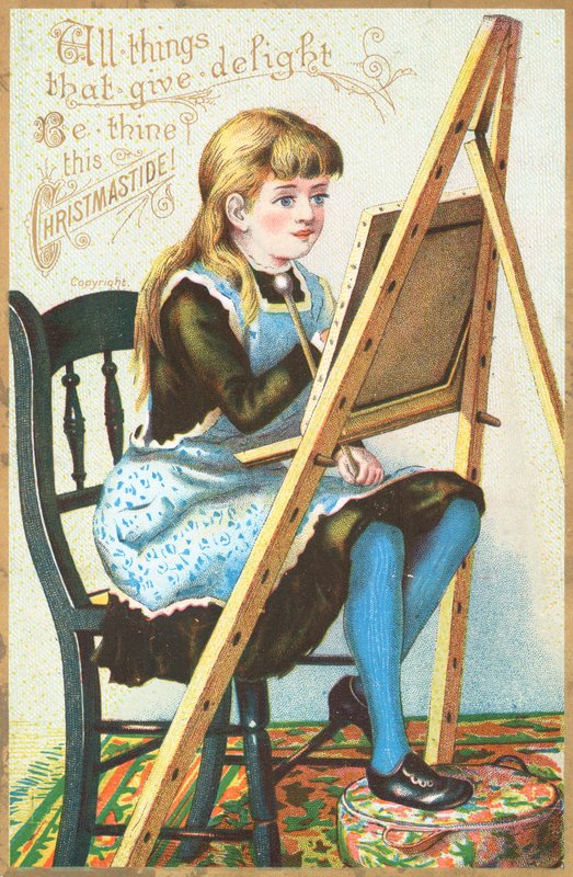 Flicka sitter vid stafflimålning, julkort av English School