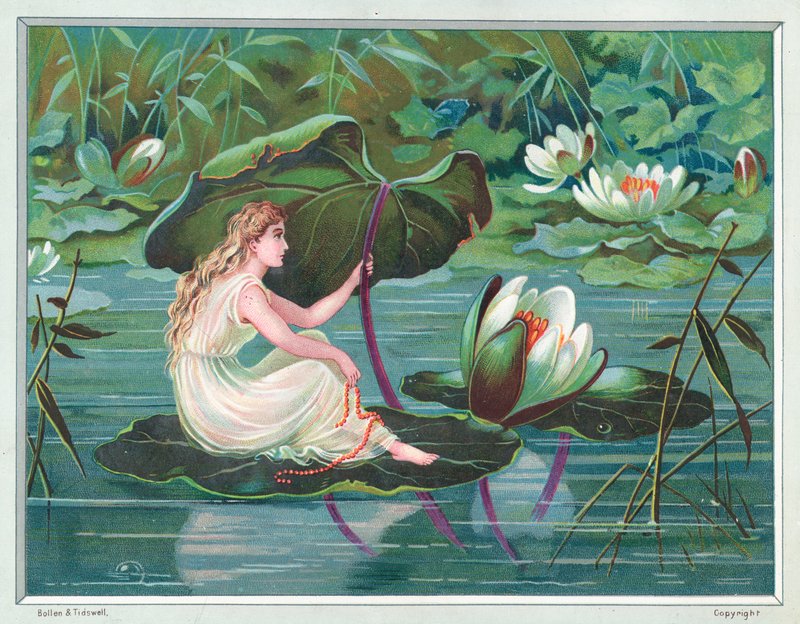 Flicka sitter på Lily Pad i Pond, julkort av English School