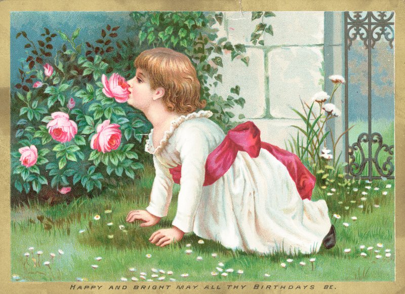 Flicka som luktar blommor, födelsedagskort av English School