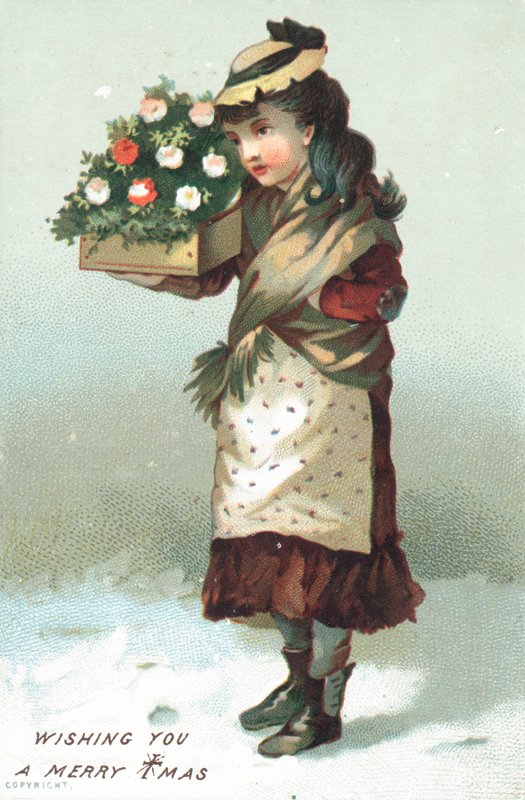 Flicka går i snön bär låda med blommor, julkort av English School