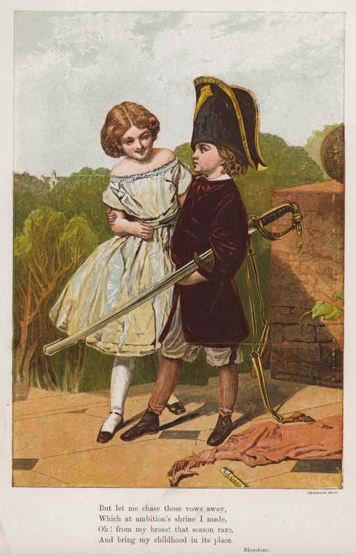 Flicka med en pojke utklädd till en soldat (färgad gravyr) av English School