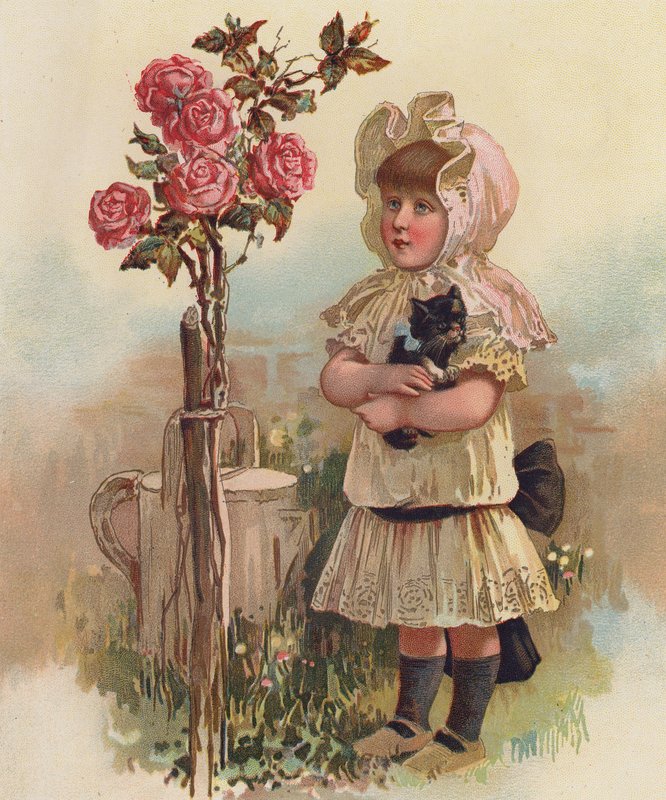 Flicka med katt och rosenträd (chromolitho) av English School