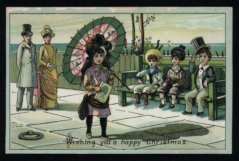 Flicka med ett stort parasoll som går längs en strandpromenad, julhälsningskort. (chromolitho) av English School