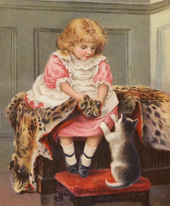 Flicka med leopardskinn och tamkatt (kromolit) av English School