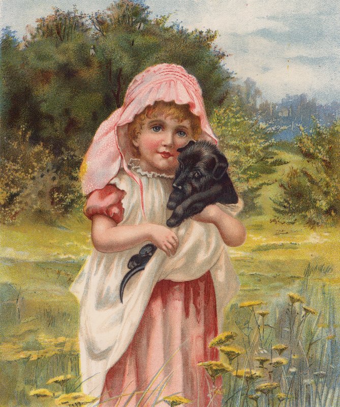 Flicka med hundvalp (kromolit) av English School