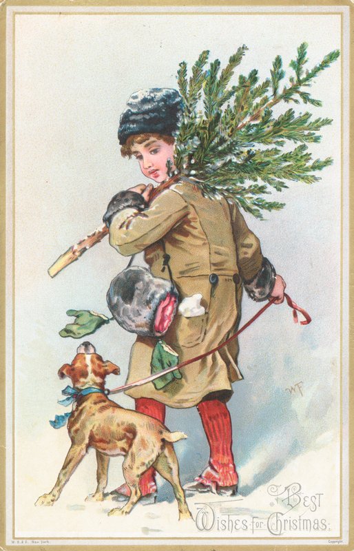 Flicka med hund som bär julgran, julkort av English School