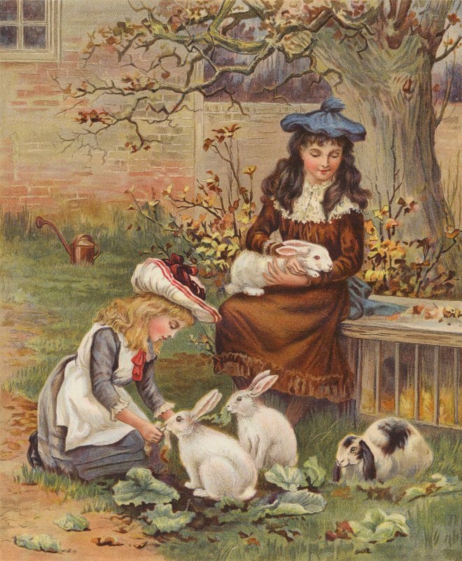 Flickor som tar hand om sina kaniner (chromolitho) av English School