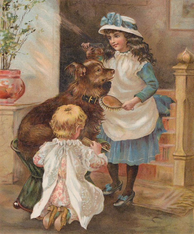 Flickor som sköter om sin hund (chromolitho) av English School