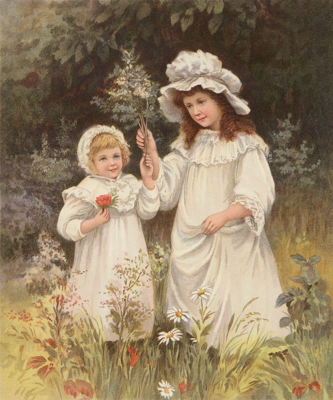 Flickor plockar blommor på en äng (chromolitho) av English School
