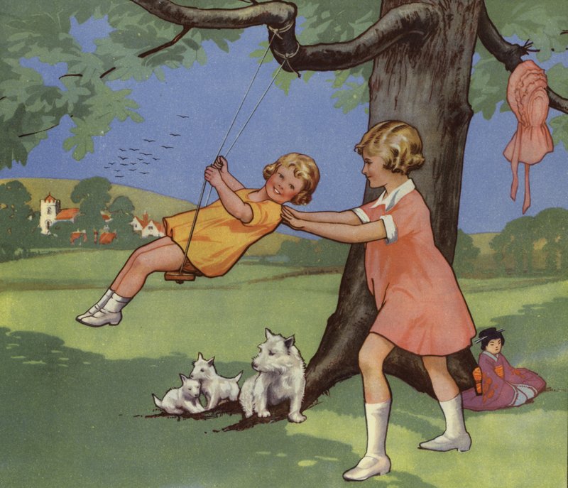 Flickor som leker på gungan på den engelska landsbygden (färg litho) av English School