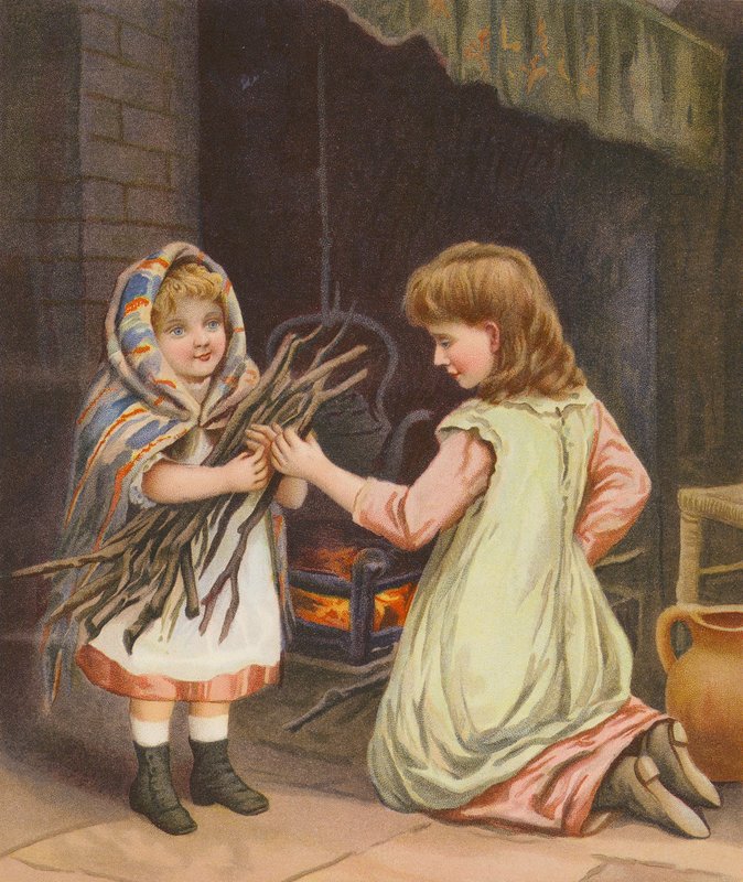 Flickor som lägger ved på elden (kromolitho) av English School
