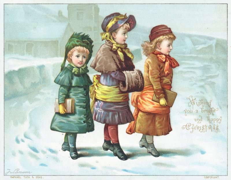 Flickor som går i snön, julkort av English School