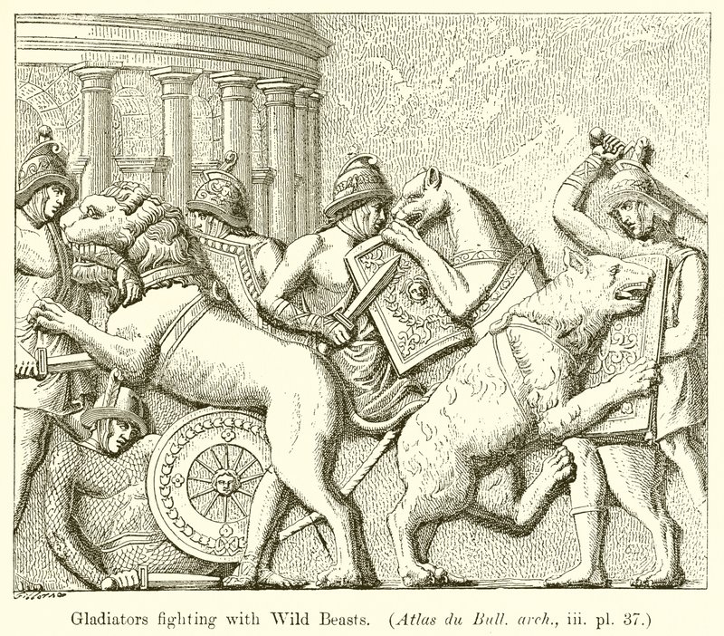 Gladiatorer som slåss med vilda vidunder. (Atlas du Bull. arch., iii. pl. 37) av English School