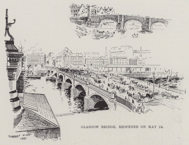 Glasgow Bridge, öppnade igen den 24 maj (gravyr) av English School