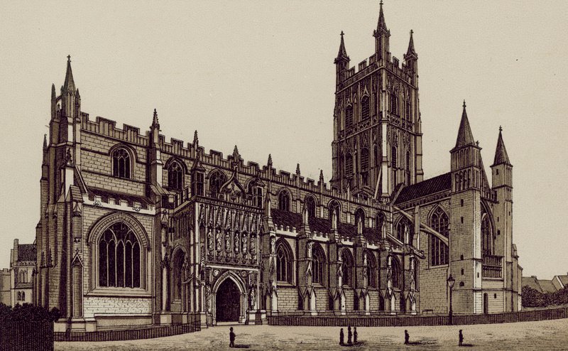 Gloucesters katedral, från sydväst (litografi) av English School