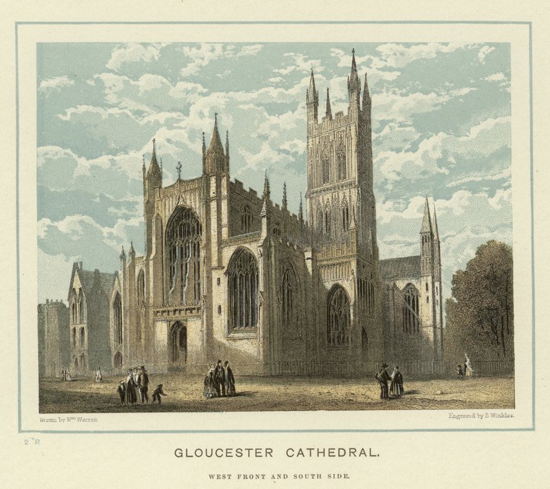 Gloucester Cathedral, västra fronten och södra sidan av English School