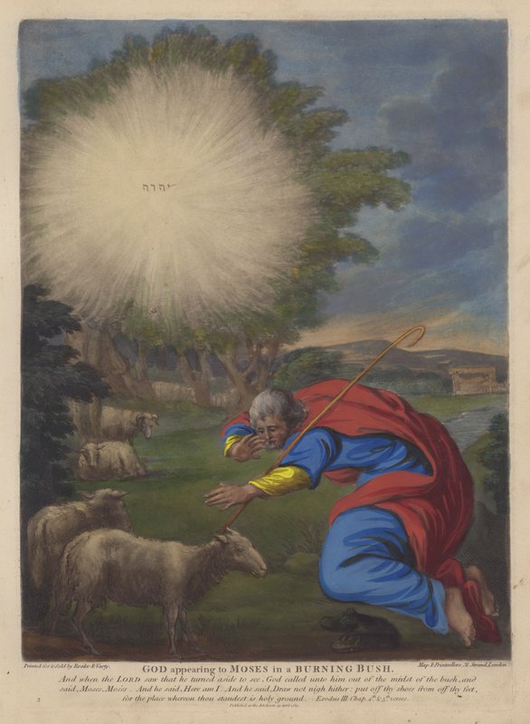 Gud visar sig för Moses i en brinnande buske (litho i färg) av English School