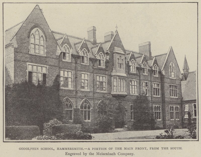 Godolphin School, Hammersmith, en del av huvudfasaden, från söder (gravyr) av English School