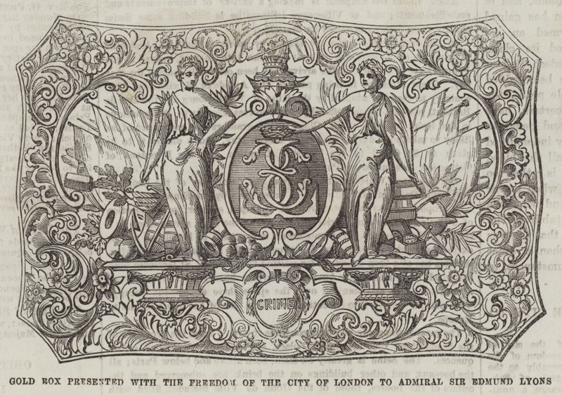 Guldlåda överlämnad med Freedom of the City of London till amiral Sir Edmund Lyons (gravyr) av English School
