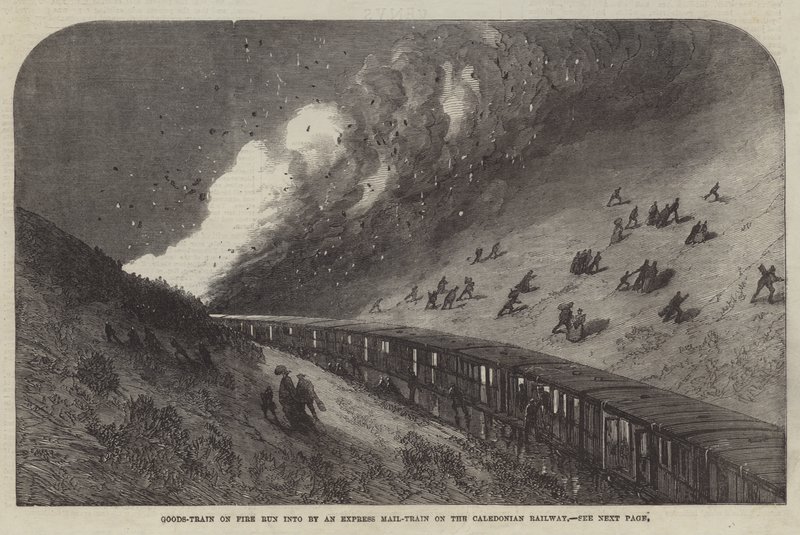 Godståg i brand körs in av ett expressposttåg på Caledonian Railway (gravyr) av English School