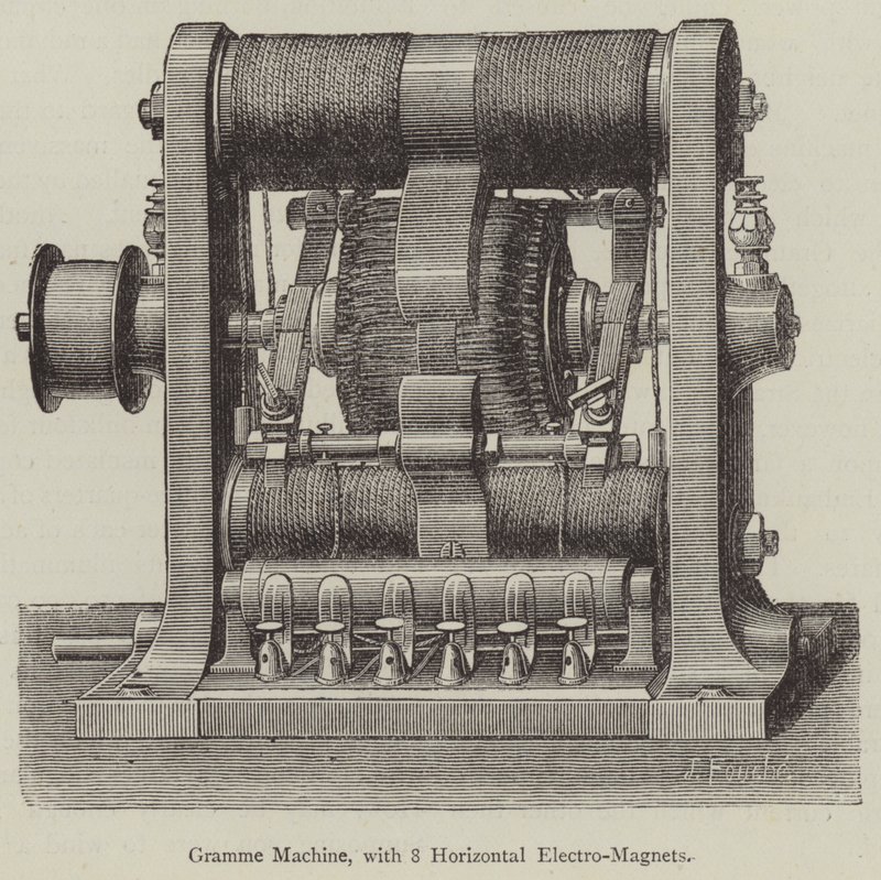 Gramme Machine, med 8 horisontella elektromagneter (gravyr) av English School