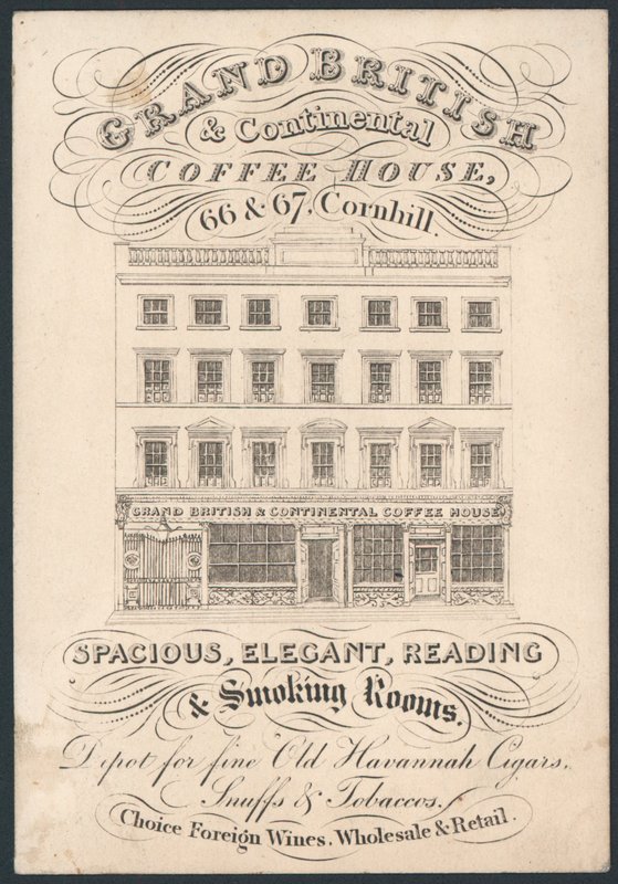 Grand British and Continental Coffee House, 66 och 67 Cornhill, handelskort av English School