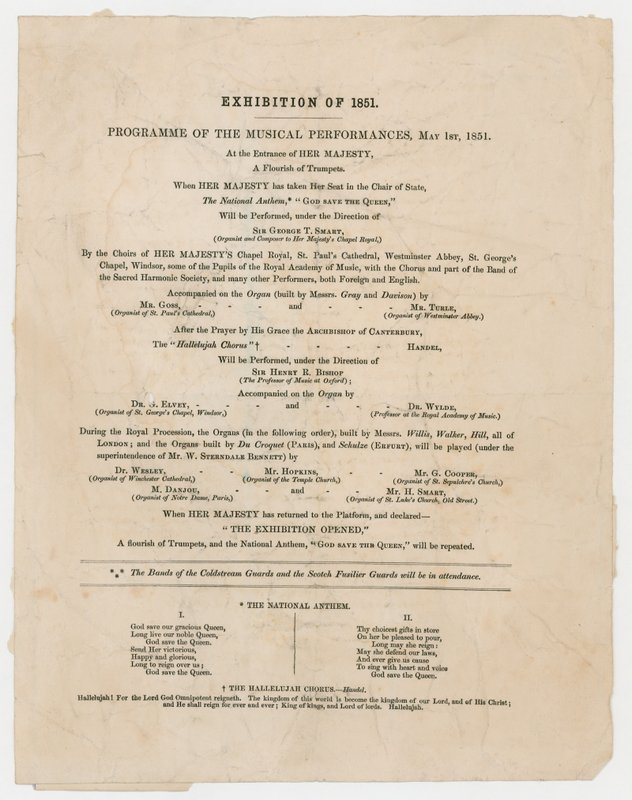 Stora utställningen 1851. Program för musikföreställningar, 1 maj 1851 av English School