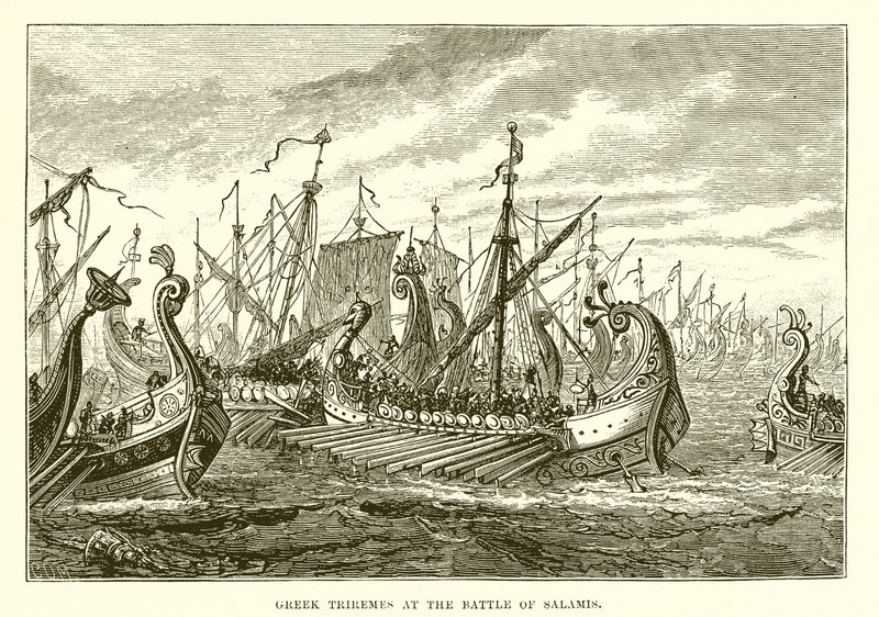 Grekiska Triremes vid slaget vid Salamis av English School